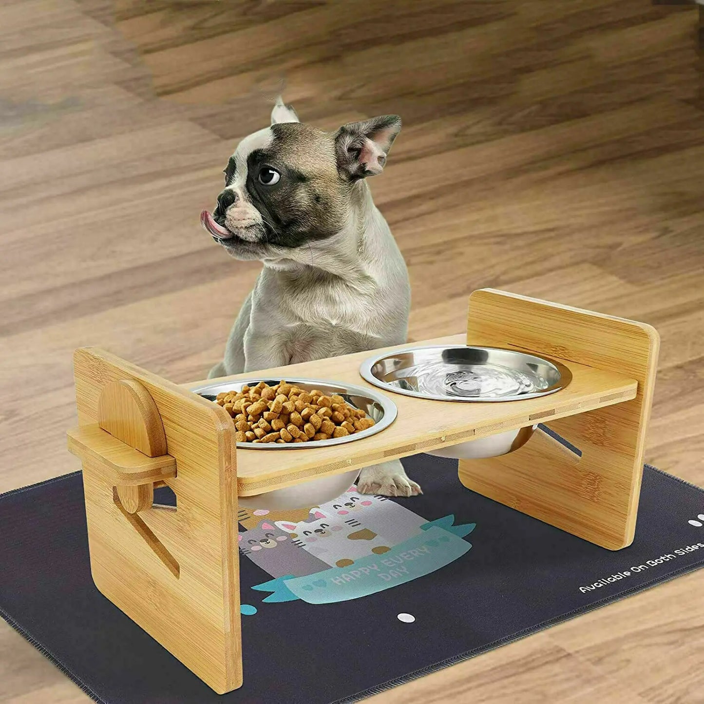 Wooden Raised Cat Bowls, Food Container, Drinking Dish, Bamboo Stand, Stainless Bowl, Height Adjustable by PawHaven