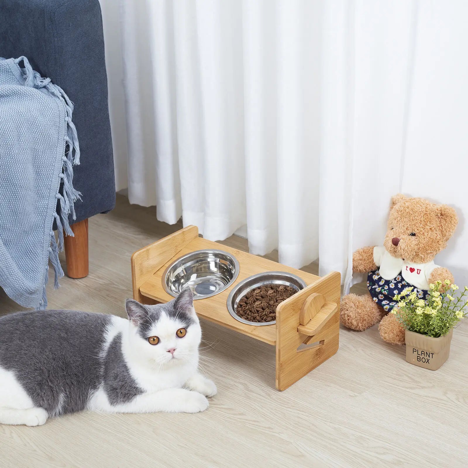 Wooden Raised Cat Bowls, Food Container, Drinking Dish, Bamboo Stand, Stainless Bowl, Height Adjustable by PawHaven