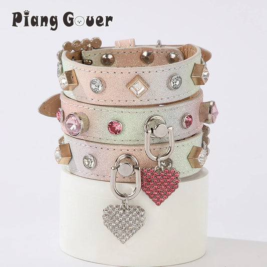 PU Dog Collar Artificial Leather Rhinestone Puppy Necklace Pendant Pet Cat Collar by PawHaven