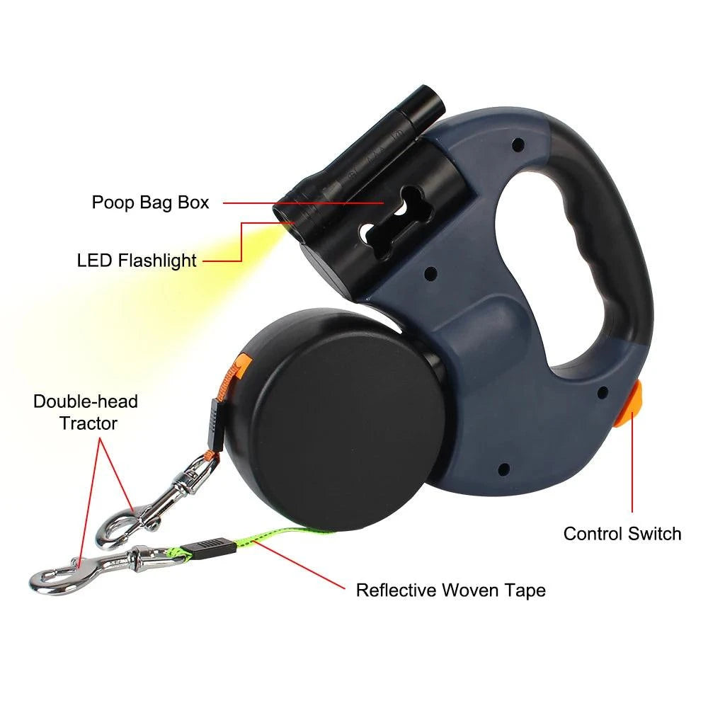 Premium Dual Dog Leash With Built In Light And Waste Bag Box by PawHaven