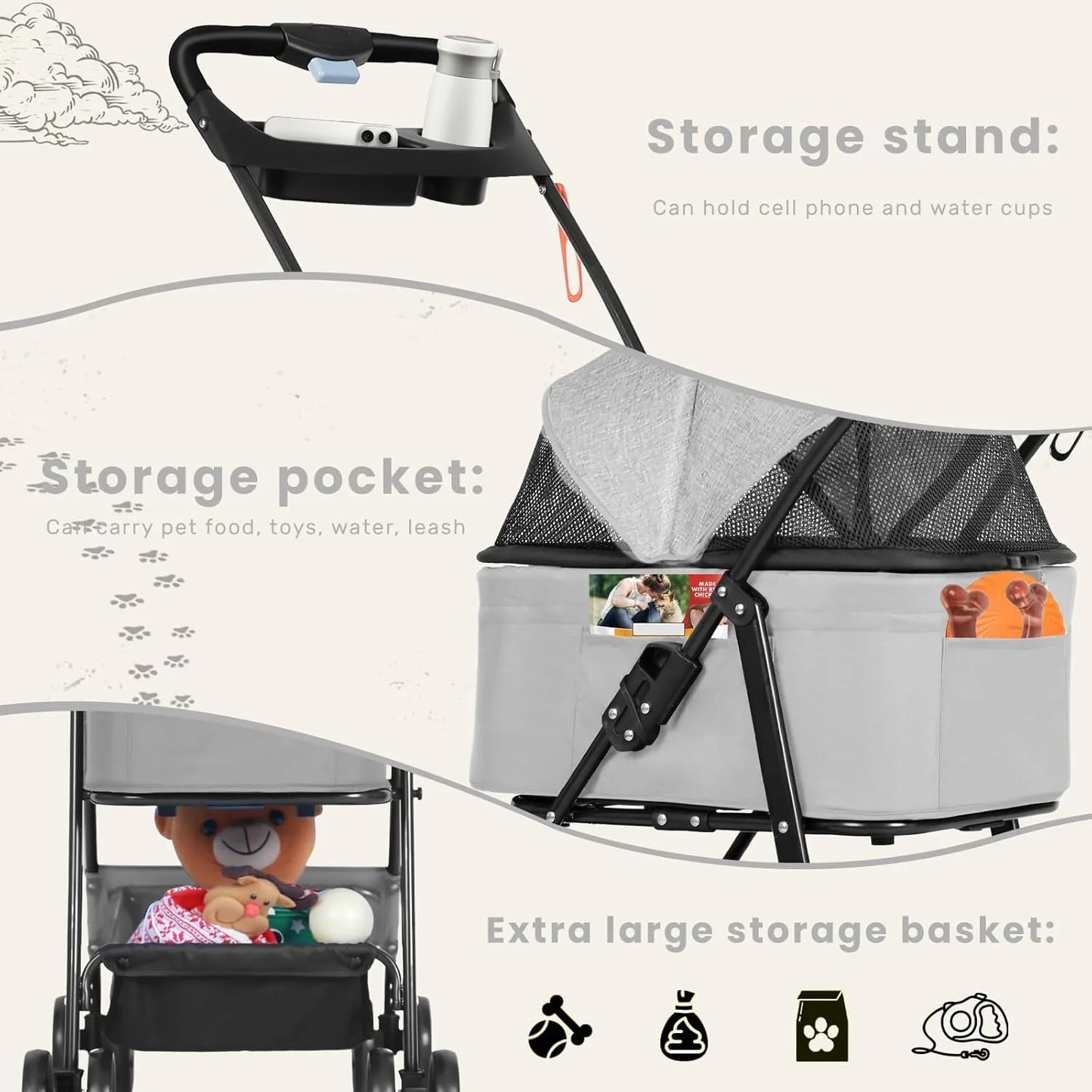 Pet Stroller for Dogs and Cats，Portable Pet Pram, Lightweight Folding Design with Safety Harness and Mesh Ventilation by PawHaven