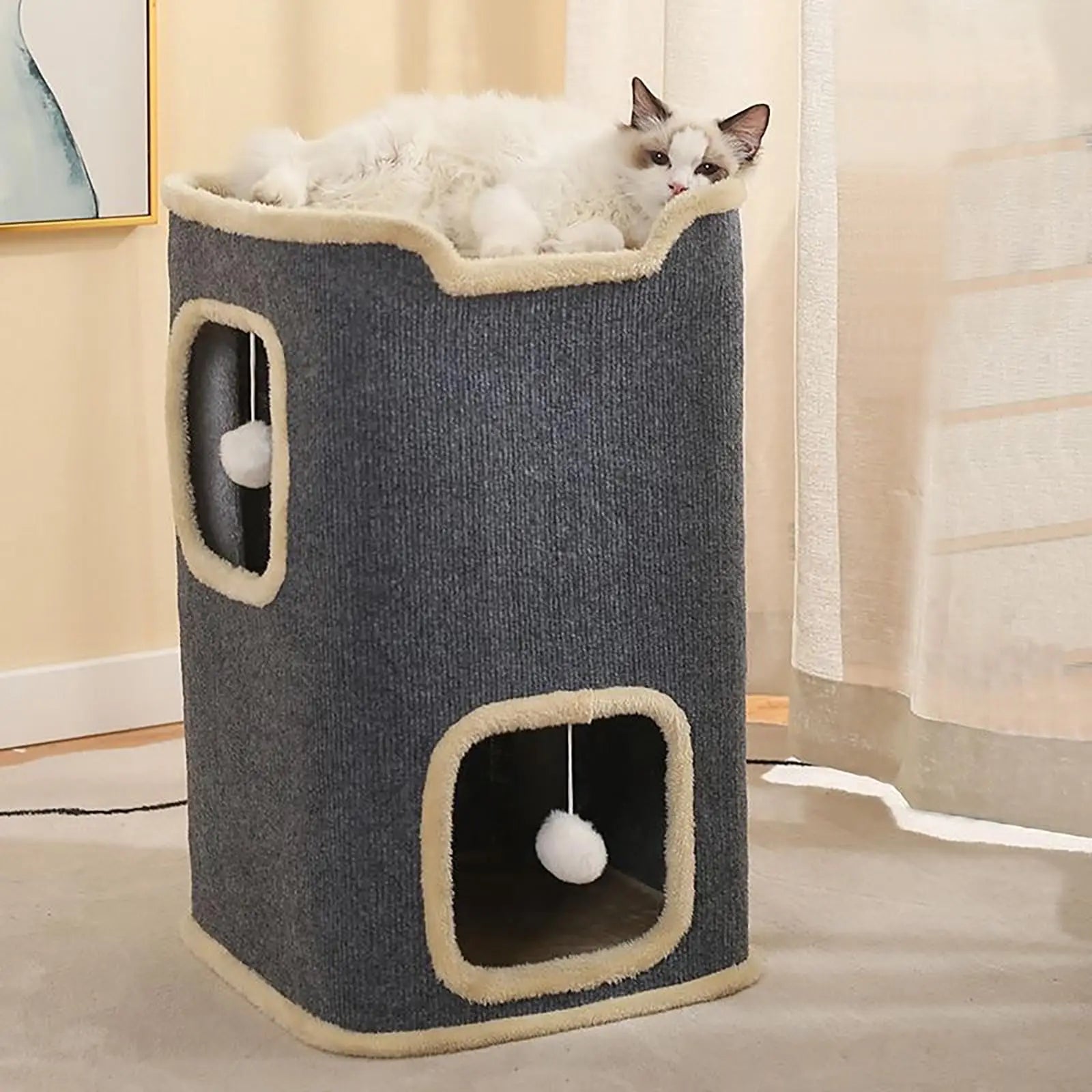 Winter 2 Layer Cat House for Indoor Cats, 24'' Durable Cat Cube Playhouse with Dangling Balls, Perfect for Multiple Pets by PawHaven