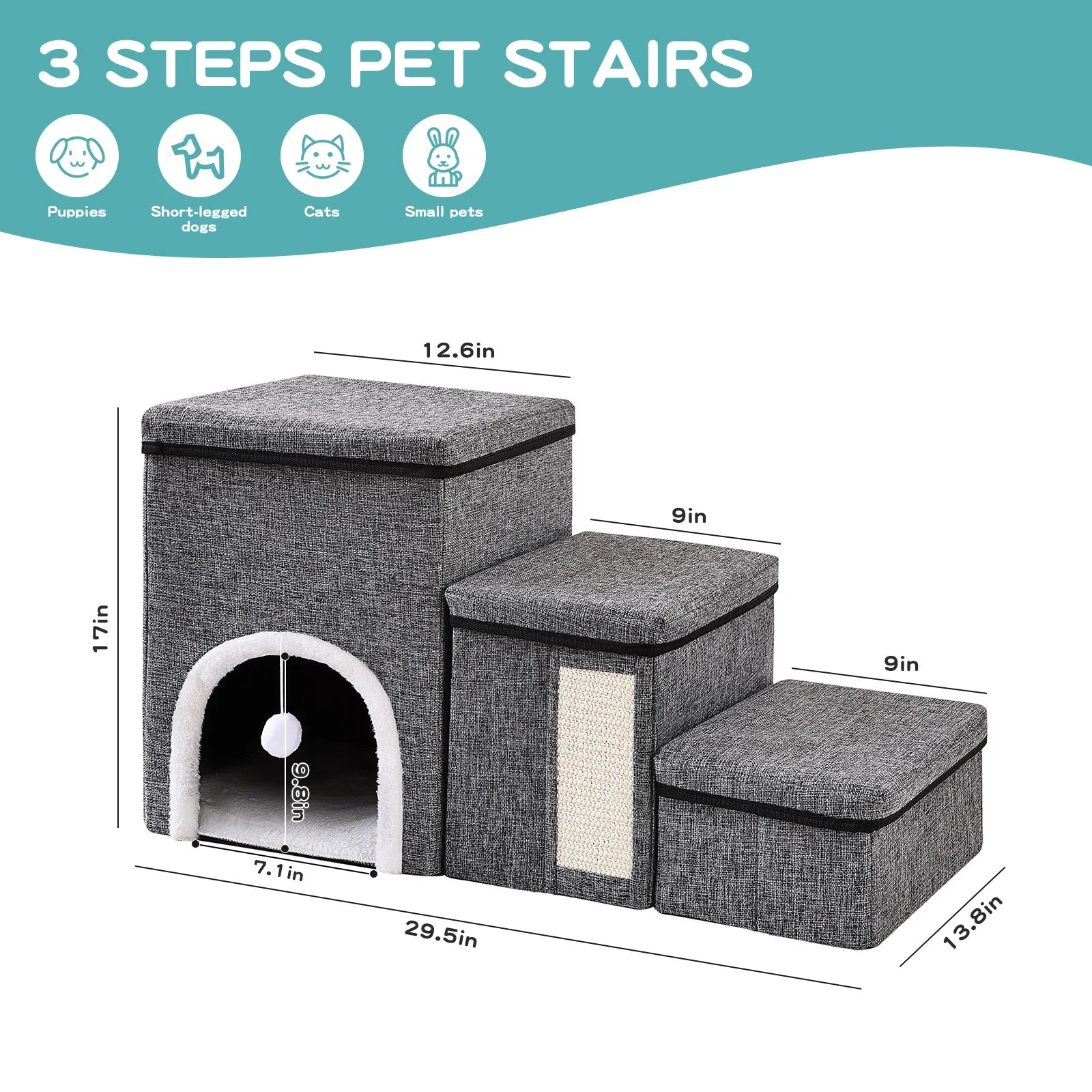 Dog Stairs for Small Dogs, 3 Steps Pet Stairs / Cat Stairs for Bed and Sofa, Folding Stairs with Cat Dog Cave, Non-Slip Base by PawHaven