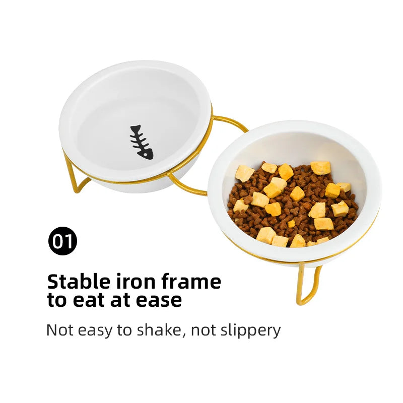 1 Set Elevated Ceramic Cat Bowls 1 Set Non-Slip Ceramic Cat Food And Water Bowls With Iron Bracket, Elevated Tilted Cat Feeder by PawHaven