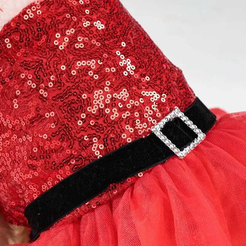 Bow & Belt Design Christmas Sequin Tutu Dog Dress, Red Velvet Halter Skirt, Holiday Pet Outfit for Small/Medium Dogs, by PawHaven
