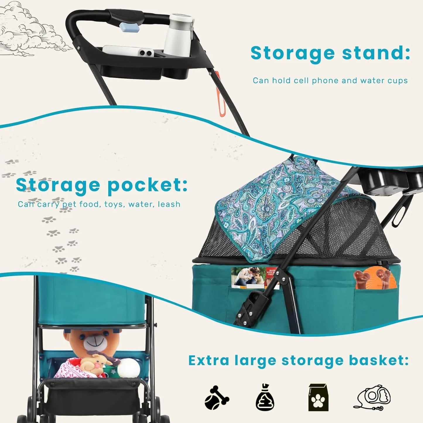 Pet Stroller for Dogs and Cats，Portable Pet Pram, Lightweight Folding Design with Safety Harness and Mesh Ventilation by PawHaven