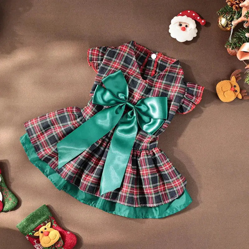 Plaid Christmas Dog Dress with Big Bow, Warm Velvet, S-XL, Holiday Pet Outfit for Small/Medium Dogs by PawHaven