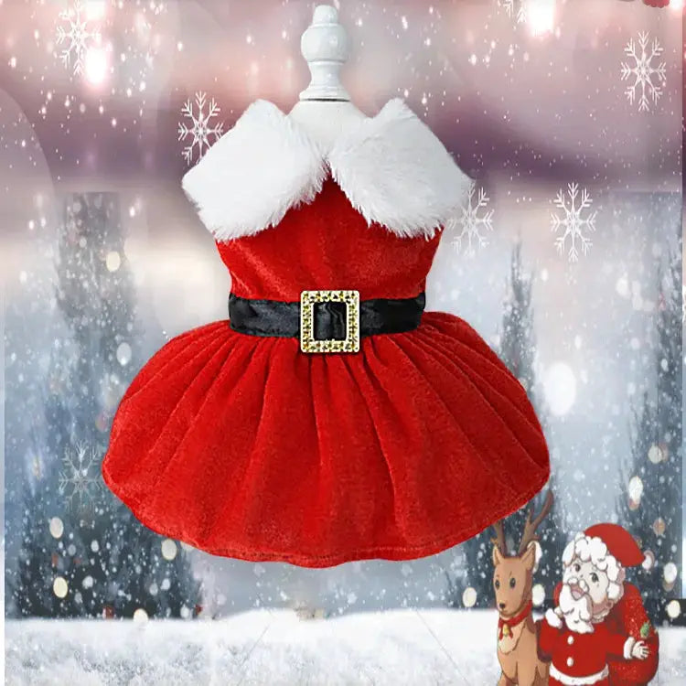 Christmas Velvet Dog Dress with Furry Collar, Festive Pet Outfit for Small & Medium Dogs by PawHaven