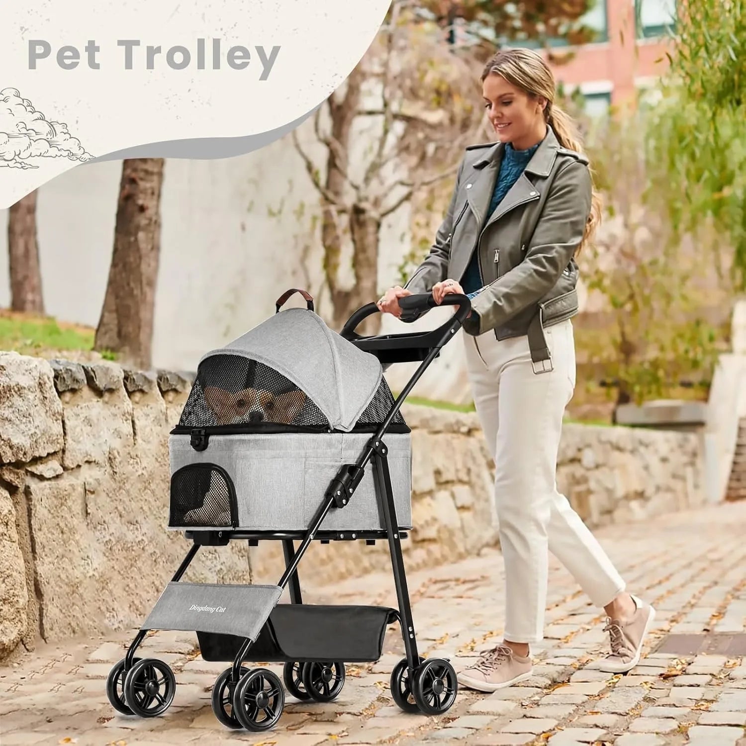Pet Stroller for Dogs and Cats，Portable Pet Pram, Lightweight Folding Design with Safety Harness and Mesh Ventilation by PawHaven