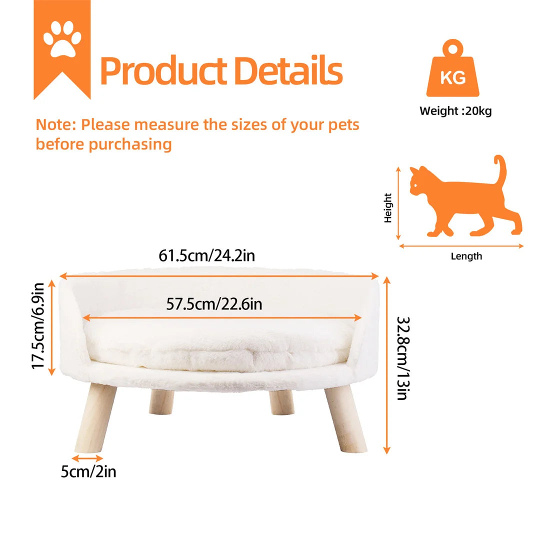 Luxury Cat Bed Soft Warm Plush Fabric Pet Nesting Chair Bed Stool Wood Legs with Cushion Pad Washable Waterproof for Small Pets by PawHaven