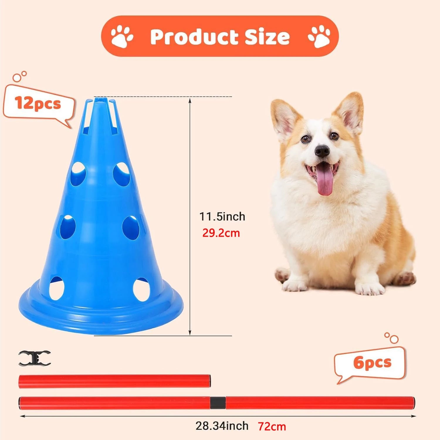 Dog Agility Hurdle Cone Set Dog Agility Course Set with 12 Cones 6 Rods Dog Agile Training Equipment for Outdoor Backyard by PawHaven