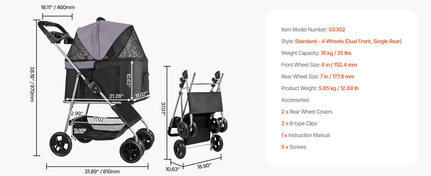 SucceBuy Pet Stroller 35 lbsDog Stroller Cart 4 Wheels Cats Pram w/Carrier & Mesh Animal Carrier w/Brake Small to Medium Pet by PawHaven