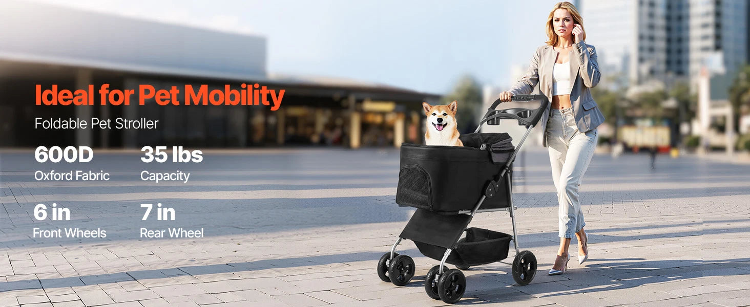 SucceBuy Pet Stroller 35 lbsDog Stroller Cart 4 Wheels Cats Pram w/Carrier & Mesh Animal Carrier w/Brake Small to Medium Pet by PawHaven