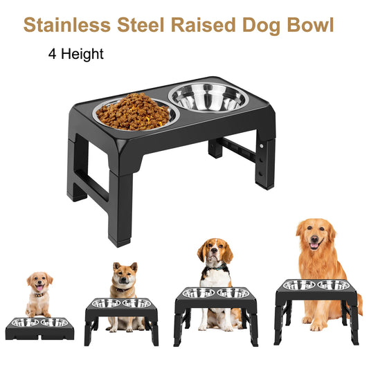 Elevated Dog Feeder Bowls Adjustable Raised Stand with Double Stainless Steel Food Water Bowls Small Medium Large Dogs by PawHaven