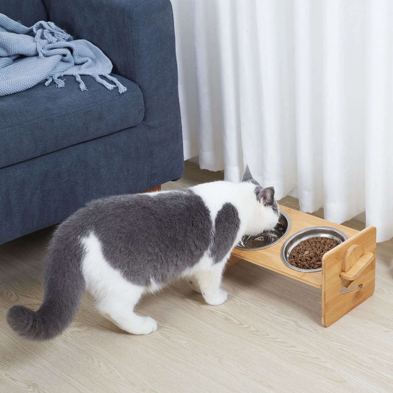 Wooden Raised Cat Bowls, Food Container, Drinking Dish, Bamboo Stand, Stainless Bowl, Height Adjustable by PawHaven
