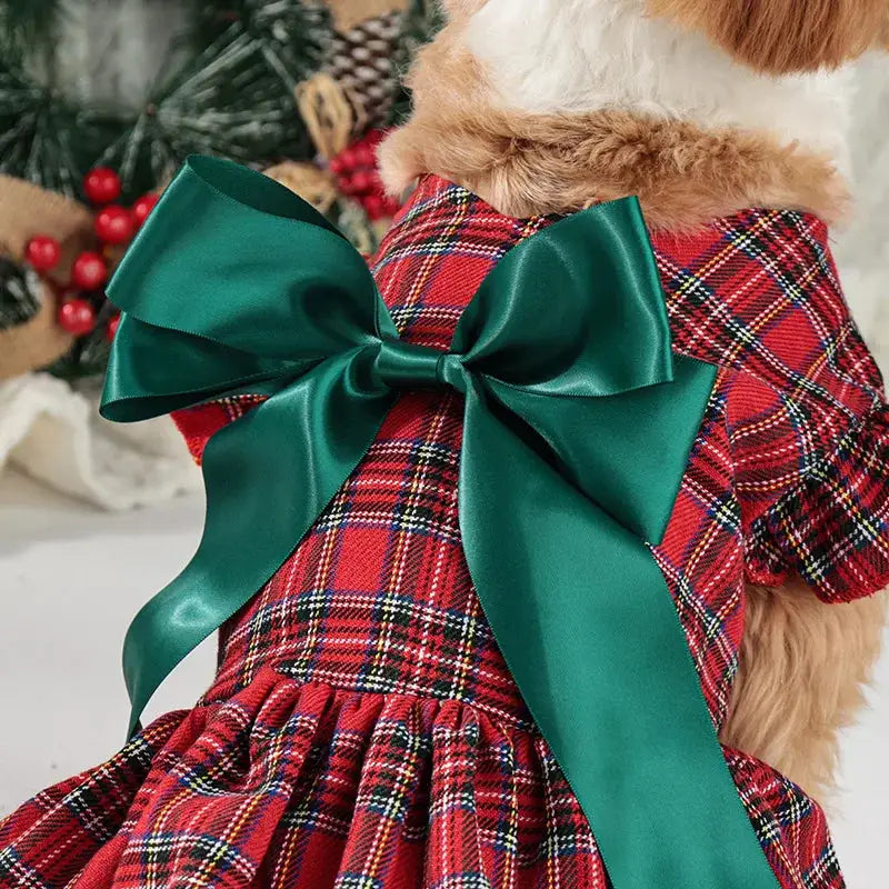 Plaid Christmas Dog Dress with Big Bow, Warm Velvet, S-XL, Holiday Pet Outfit for Small/Medium Dogs by PawHaven