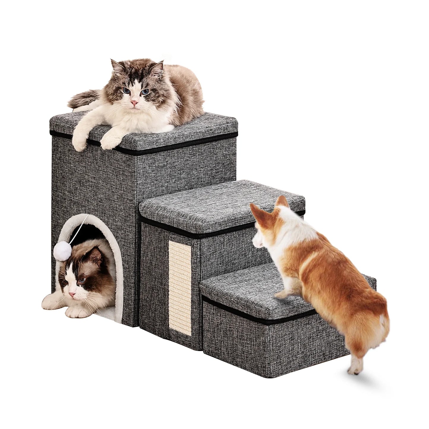 Dog Stairs for Small Dogs, 3 Steps Pet Stairs / Cat Stairs for Bed and Sofa, Folding Stairs with Cat Dog Cave, Non-Slip Base by PawHaven