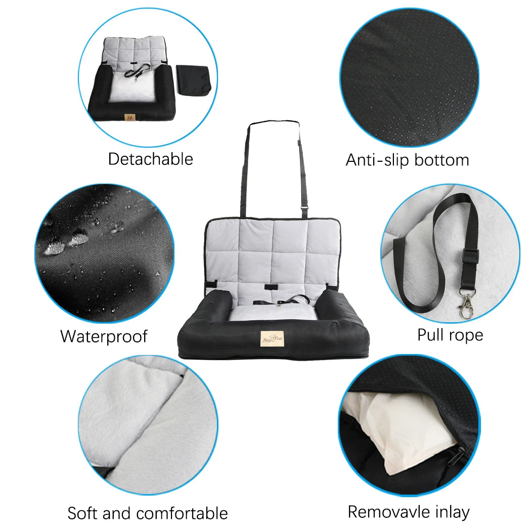 Car Seat Bed for Dog Waterproof Pet Cushion Bed Mat Dog Carrier with Removable Pad Cover and Safety Belt 3 Sizes by PawHaven
