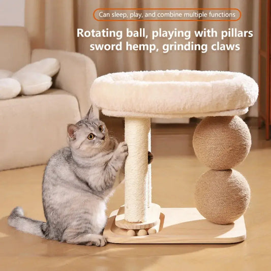 Natural Sisal Cat Scratching Post with Cat Bed, Rotating Ball Toy Stable Wooden Cat Activity Center for Cats Claw Grinding Play by PawHaven