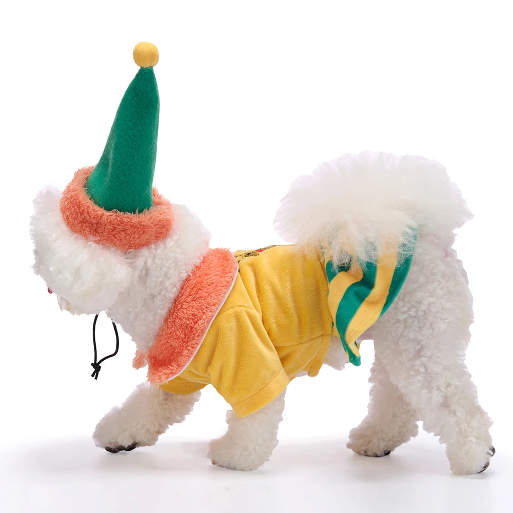 Yellow Striped Skirt Warm Fleece Dog Dress with Hat, Reindeer Xmas Outfit, Soft Winter Pet Costume for Small to MIDDLE Dogs by PawHaven