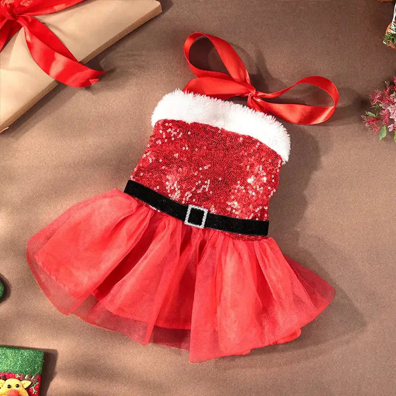 Bow & Belt Design Christmas Sequin Tutu Dog Dress, Red Velvet Halter Skirt, Holiday Pet Outfit for Small/Medium Dogs, by PawHaven