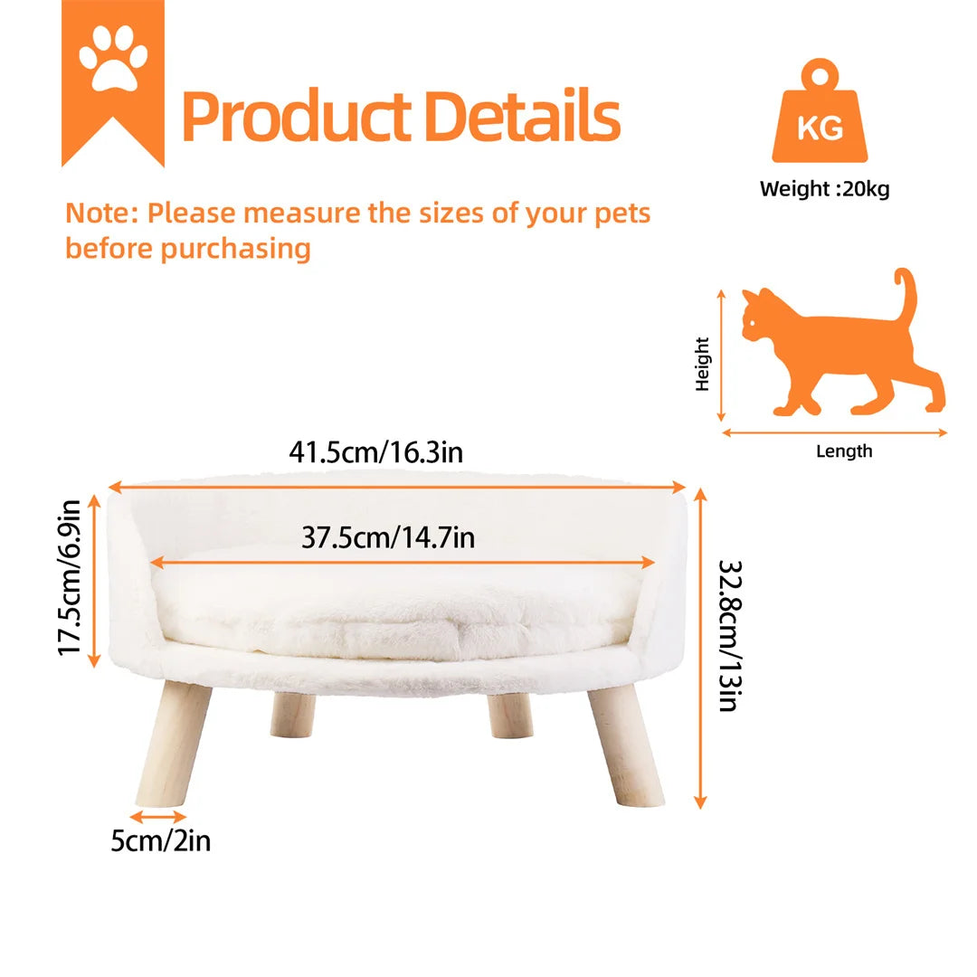 Luxury Cat Bed Soft Warm Plush Fabric Pet Nesting Chair Bed Stool Wood Legs with Cushion Pad Washable Waterproof for Small Pets by PawHaven