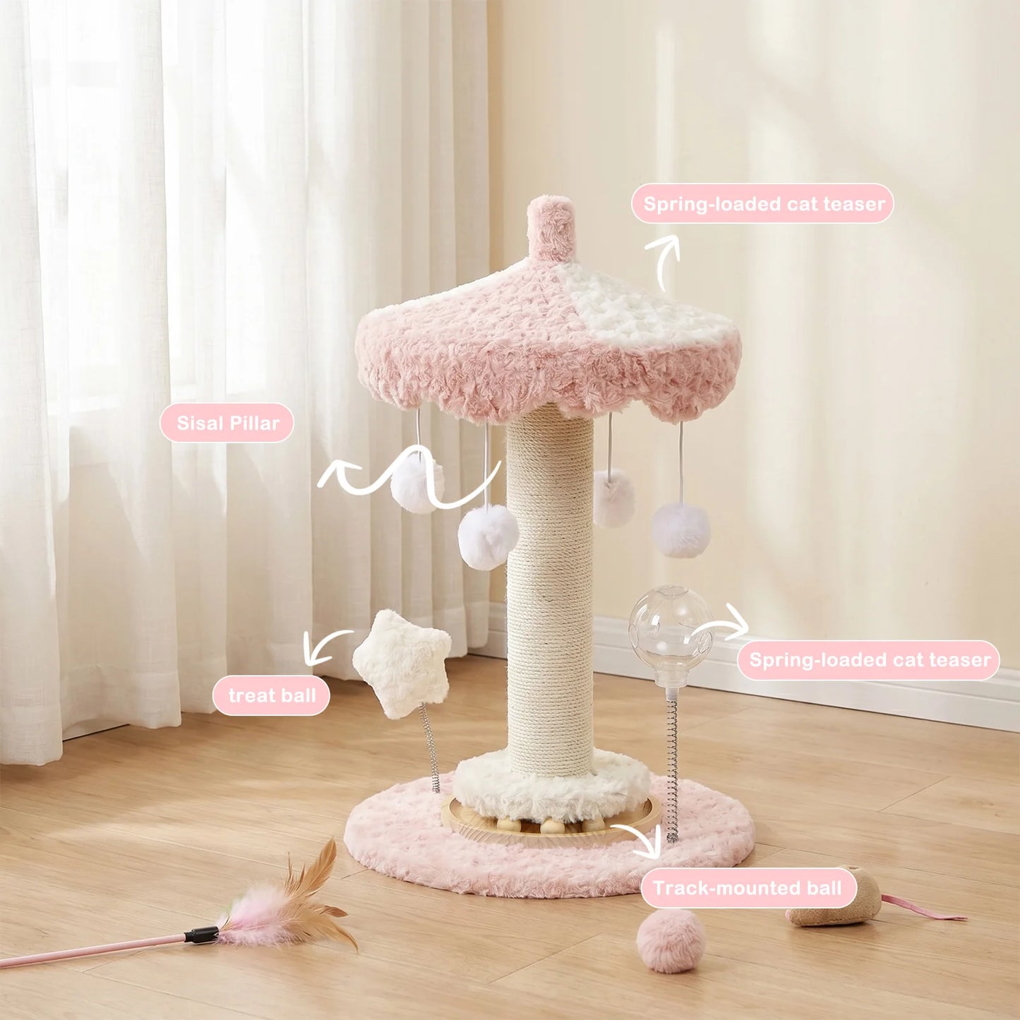 Carousel Cat Scratcher Tower 61cm Sisal Rope Scratching Post With Plush Top Interactive Climbing Toy For Indoor Kittens Cats by PawHaven