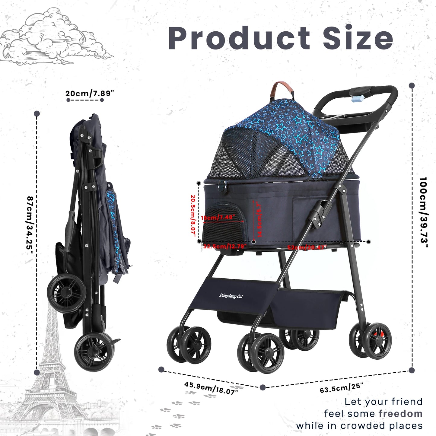 Pet Stroller for Dogs and Cats，Portable Pet Pram, Lightweight Folding Design with Safety Harness and Mesh Ventilation by PawHaven