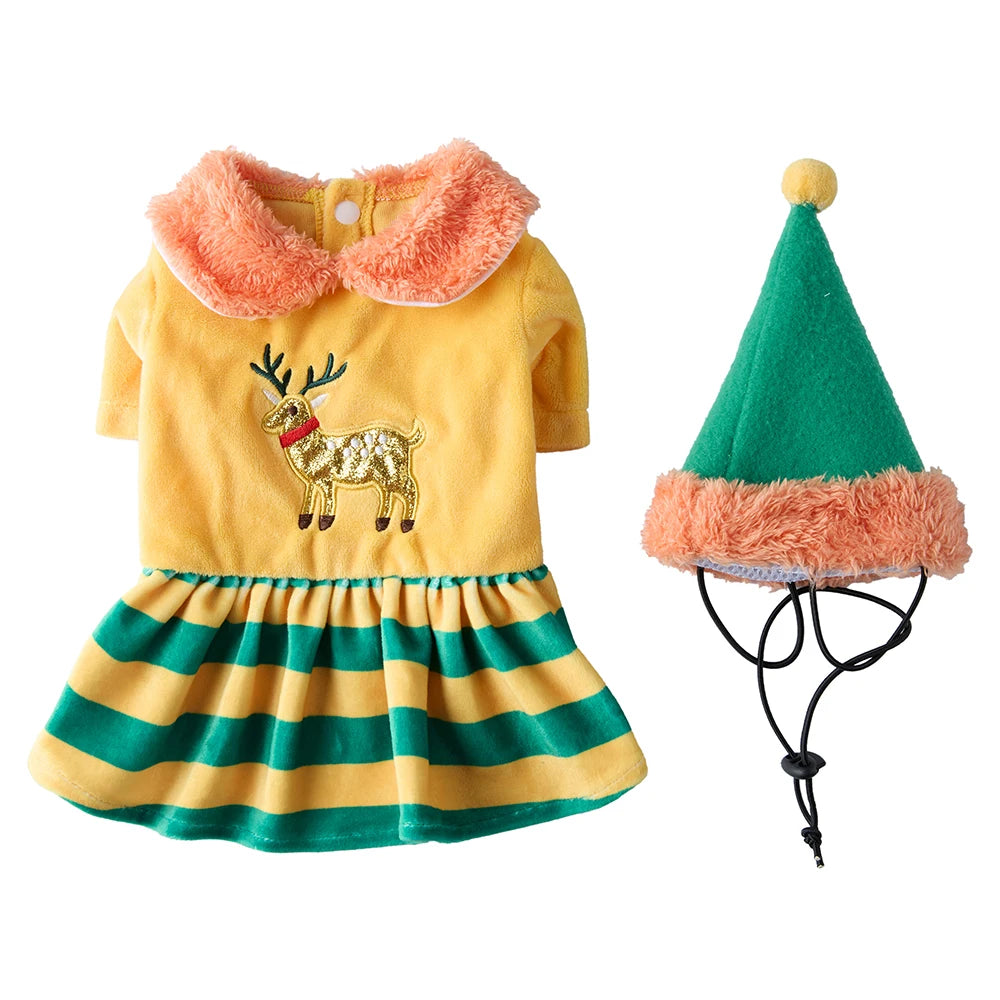 Yellow Striped Skirt Warm Fleece Dog Dress with Hat, Reindeer Xmas Outfit, Soft Winter Pet Costume for Small to MIDDLE Dogs by PawHaven