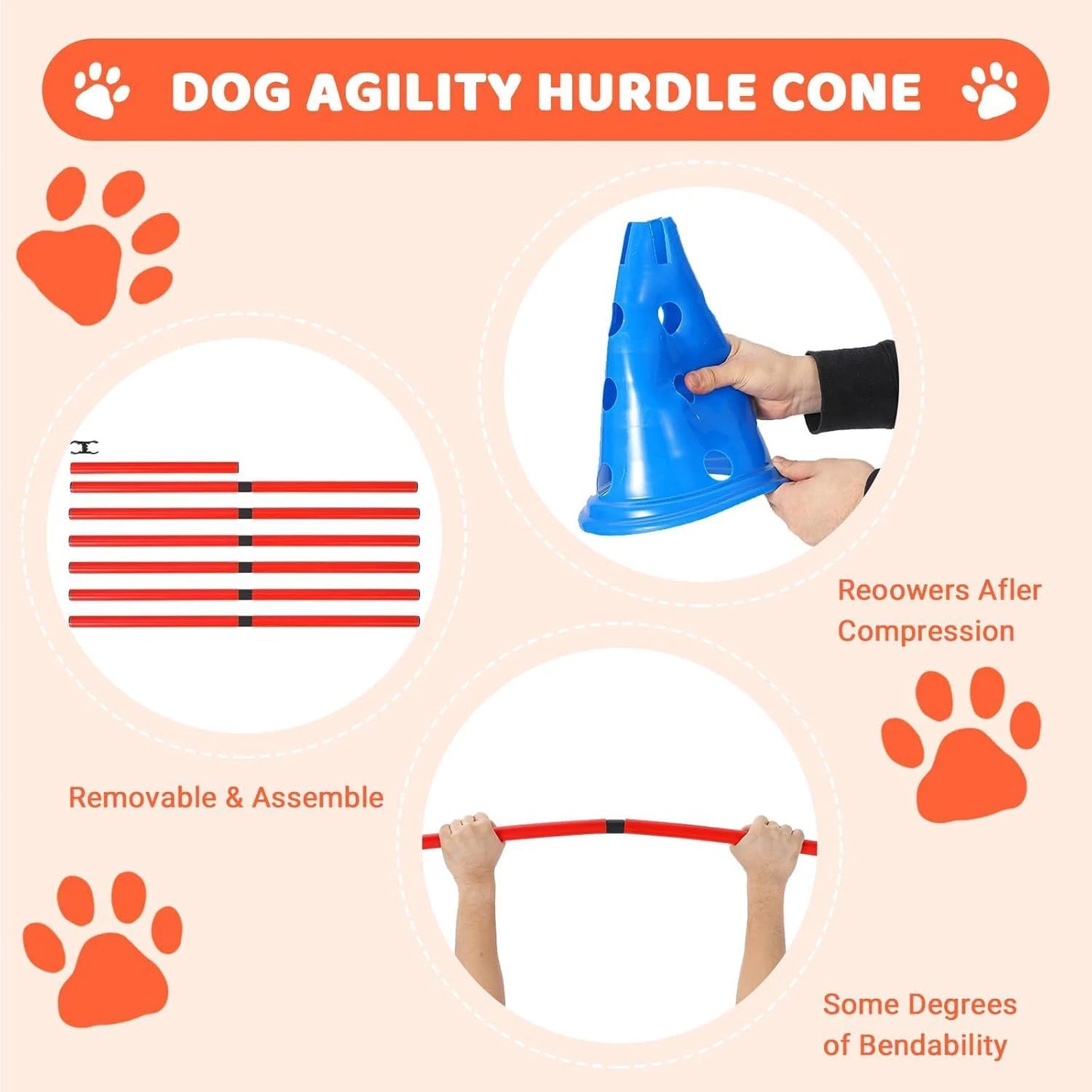 Dog Agility Hurdle Cone Set Dog Agility Course Set with 12 Cones 6 Rods Dog Agile Training Equipment for Outdoor Backyard by PawHaven