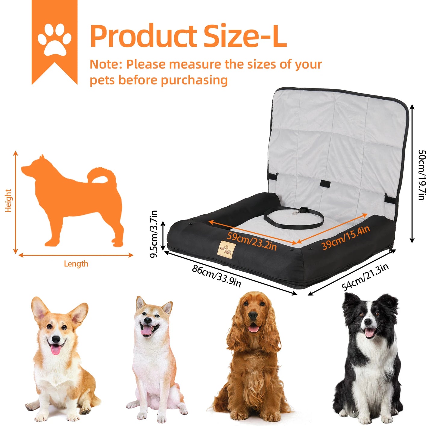 Car Seat Bed for Dog Waterproof Pet Cushion Bed Mat Dog Carrier with Removable Pad Cover and Safety Belt 3 Sizes by PawHaven