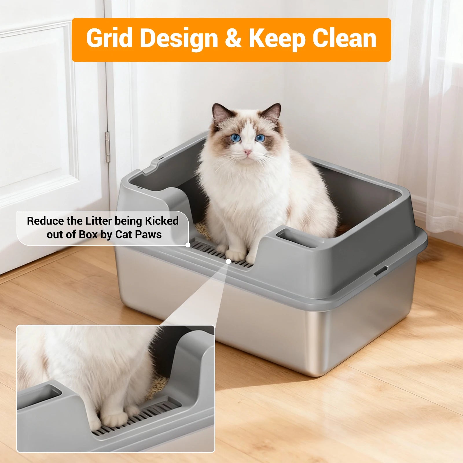 Premium XXL Stainless Steel Cat Litter Tray With Lid by PawHaven