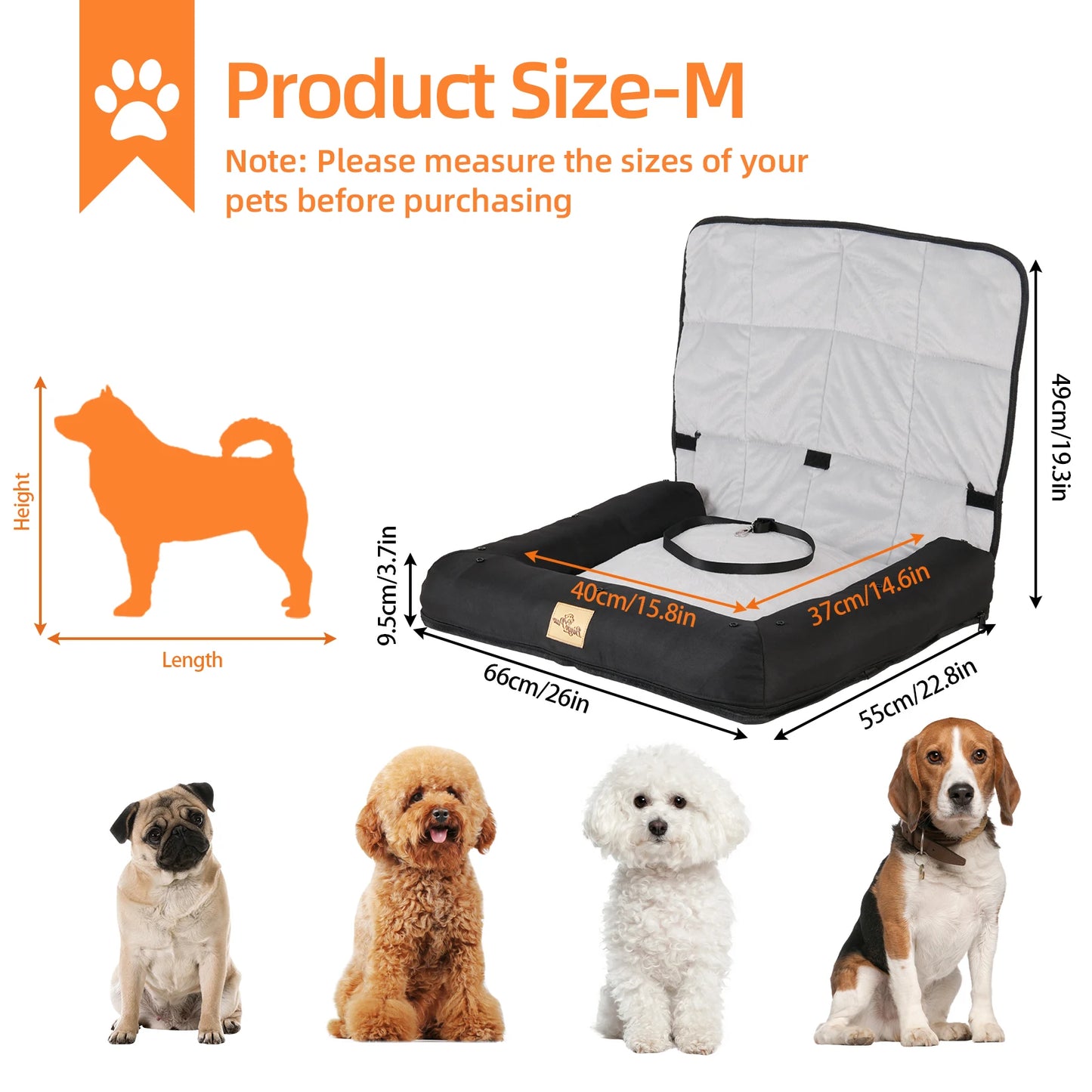 Car Seat Bed for Dog Waterproof Pet Cushion Bed Mat Dog Carrier with Removable Pad Cover and Safety Belt 3 Sizes by PawHaven