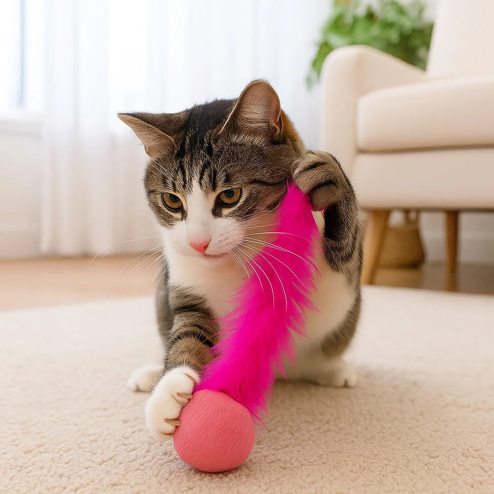 Feather Teaser Cat Toy Ball, Natural Wool Felt and Feathers for Interactive Play, Mental and Physical Stimulation by PawHaven