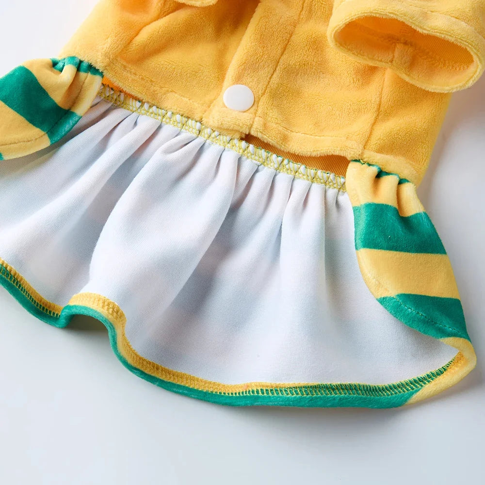 Yellow Striped Skirt Warm Fleece Dog Dress with Hat, Reindeer Xmas Outfit, Soft Winter Pet Costume for Small to MIDDLE Dogs by PawHaven