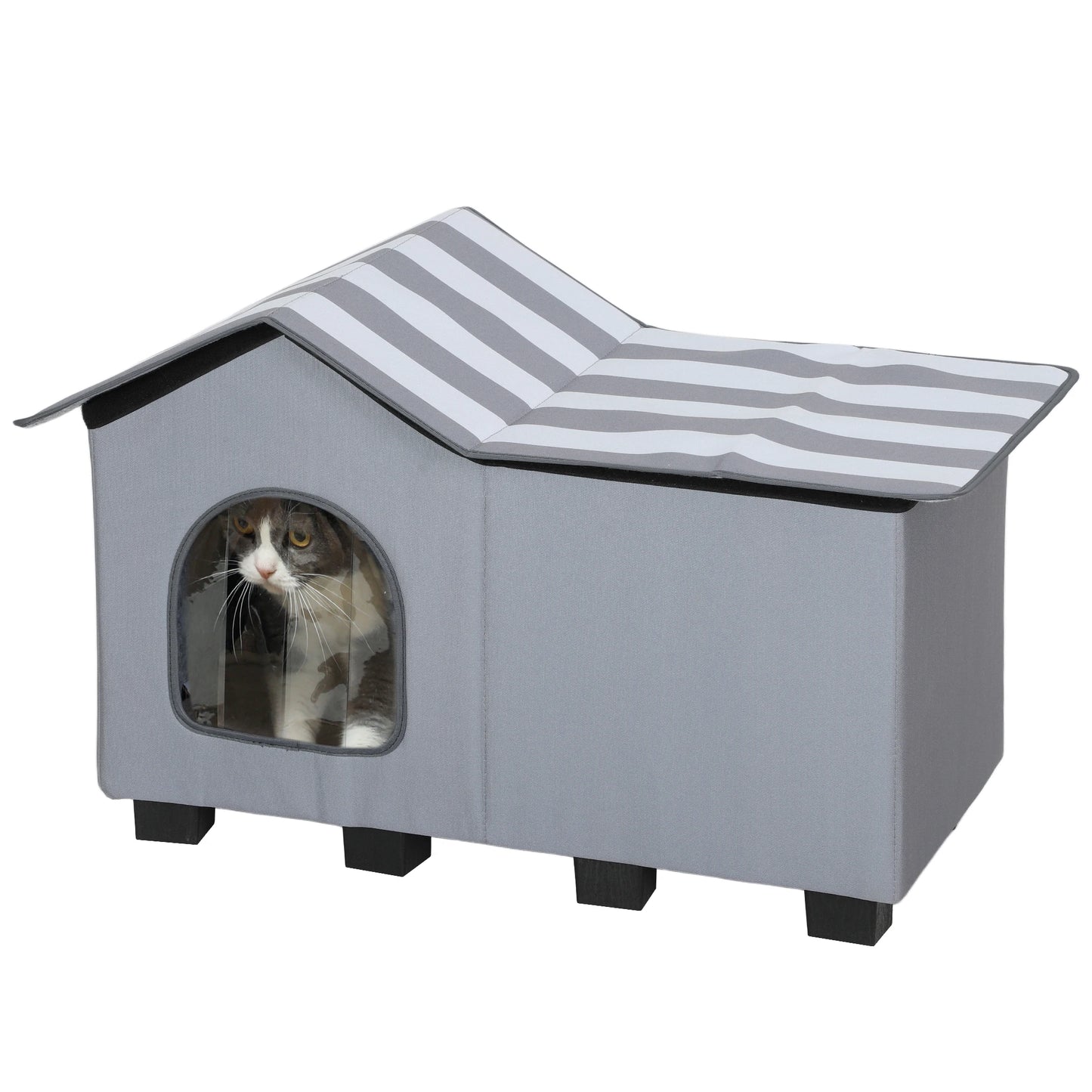 PawHut Outdoor Cat House, Feral Cat Cave with Elevated Base, Grey by PawHaven
