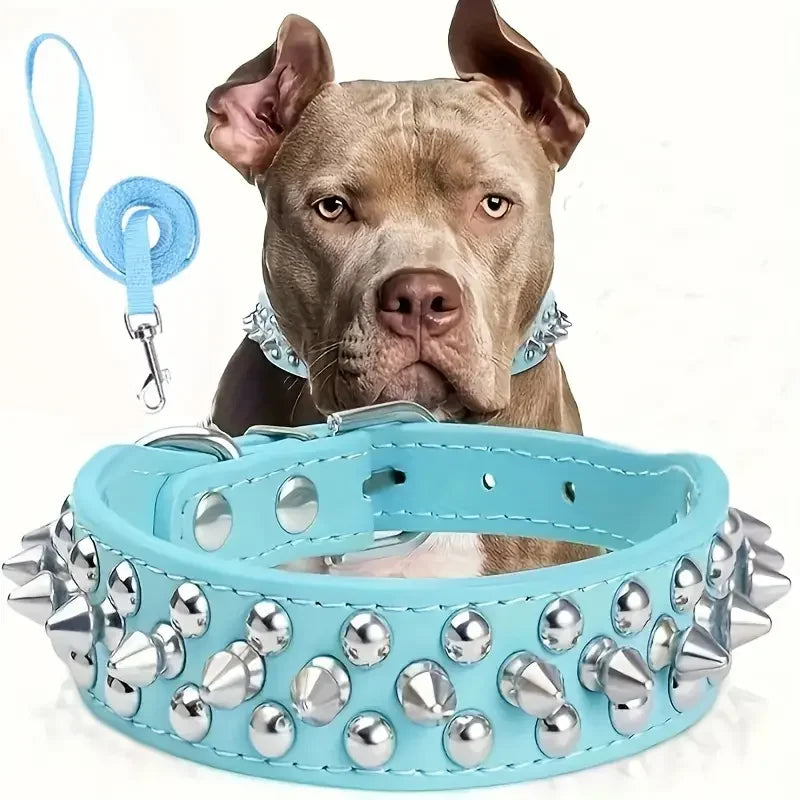 Spiked Dog Collar And Leash Set, Rivet Leather Dog Collar Adjustable Dog Collar For Outdoor Walking by PawHaven