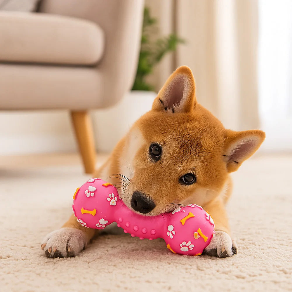 Premium Squeaky Dumbbell Dog Toy For Durable Chew And Fetch by PawHaven