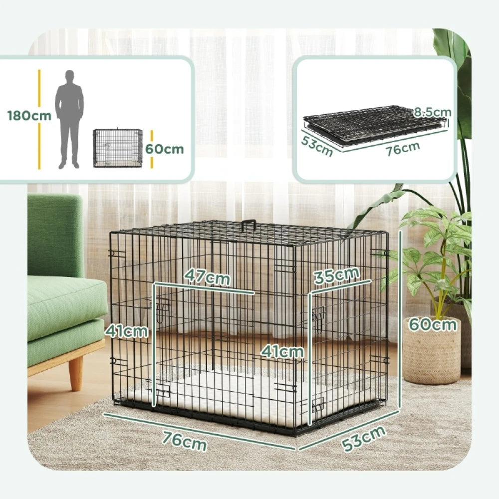 PINGGO Foldable Dog Crate with 2 Doors with Tray, Soft Cushion, for Small Dogs, 76 x 53 x 60, Detachable, easy to clean ，Black by PawHaven