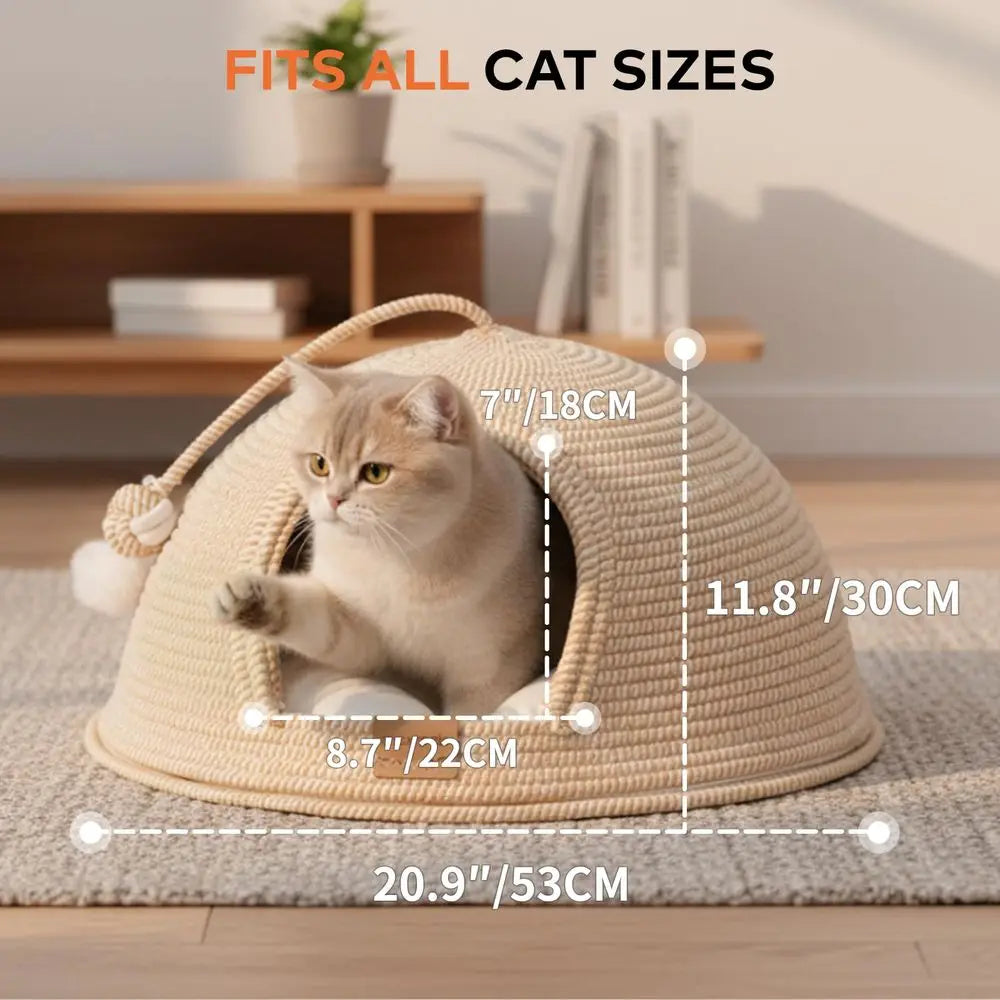 Cat Cave Bed amp Igloo Hideaway Durable Woven Yarn Cat House for Indoor Cats, ScratchResistant Hard Shell Nest with Washable Cu by PawHaven