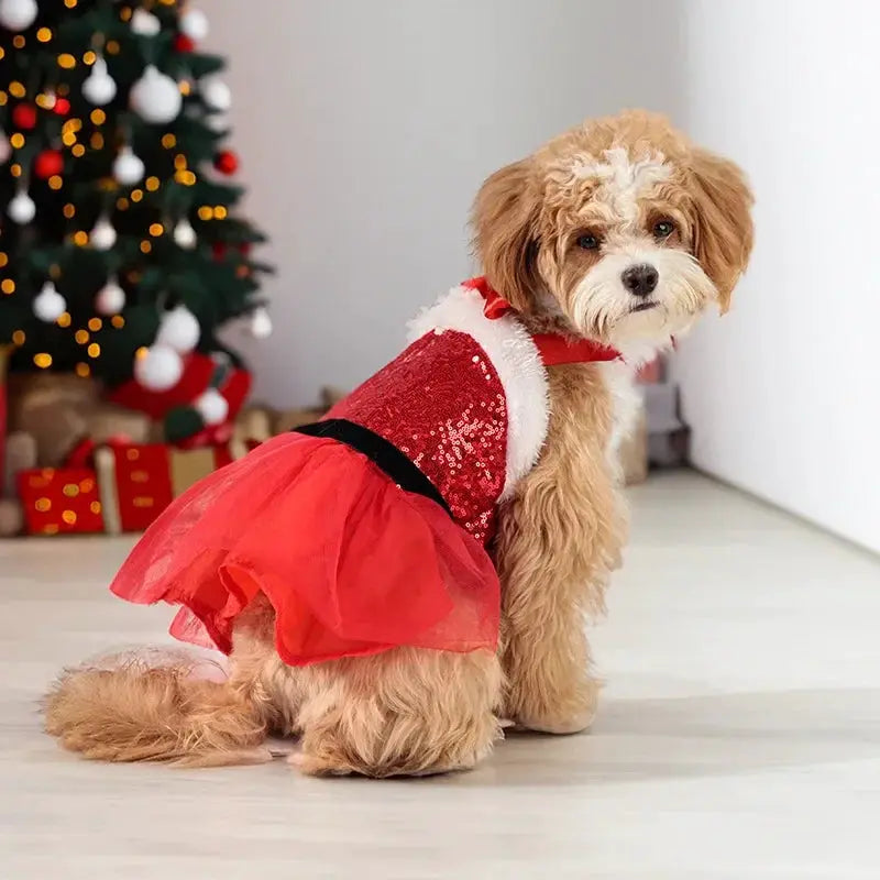 Bow & Belt Design Christmas Sequin Tutu Dog Dress, Red Velvet Halter Skirt, Holiday Pet Outfit for Small/Medium Dogs, by PawHaven