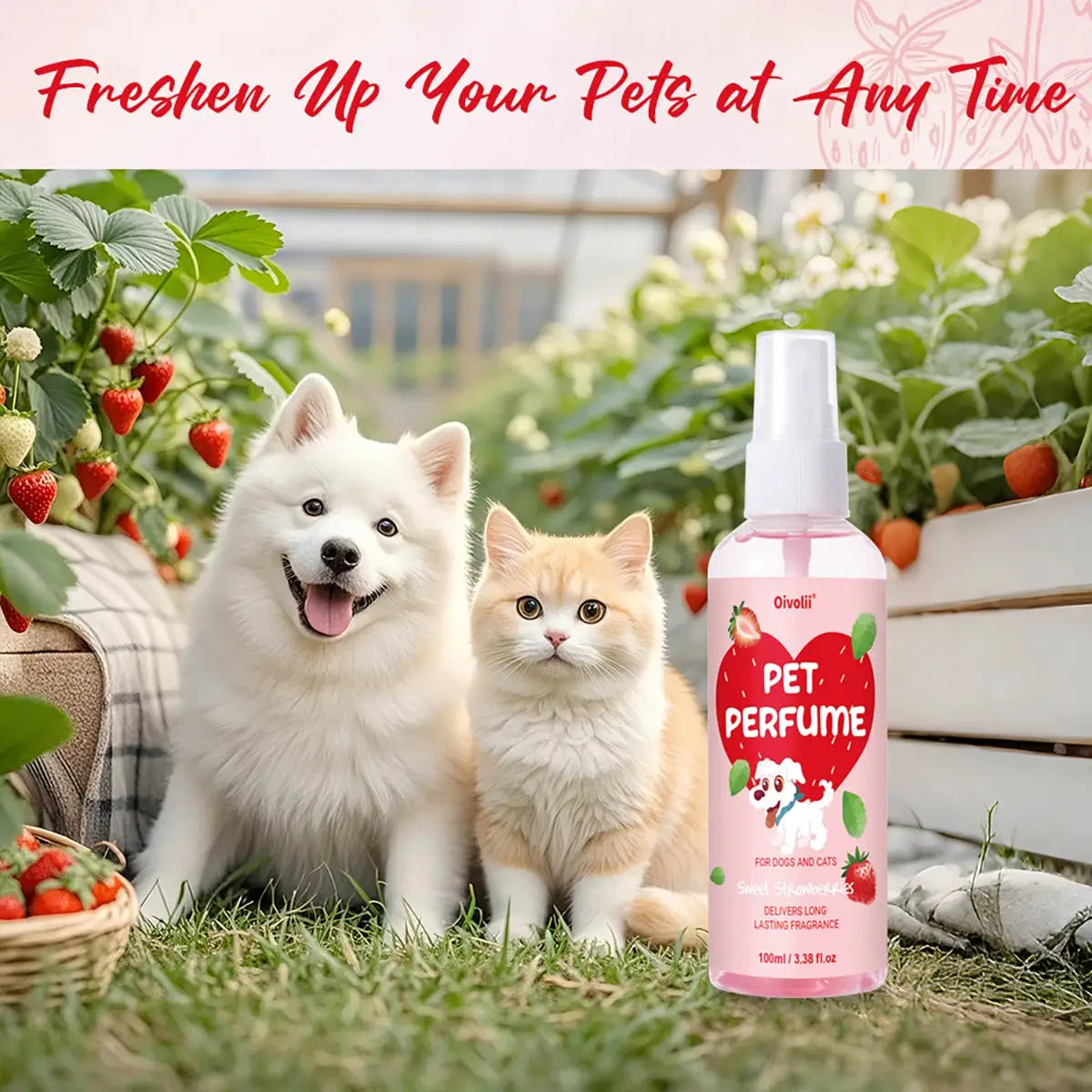 100ml Strawberry Scent Pet Perfume Spray Long-Lasting Deodorant Natural Formula for Dogs Cats All Breeds Air Freshener by PawHaven