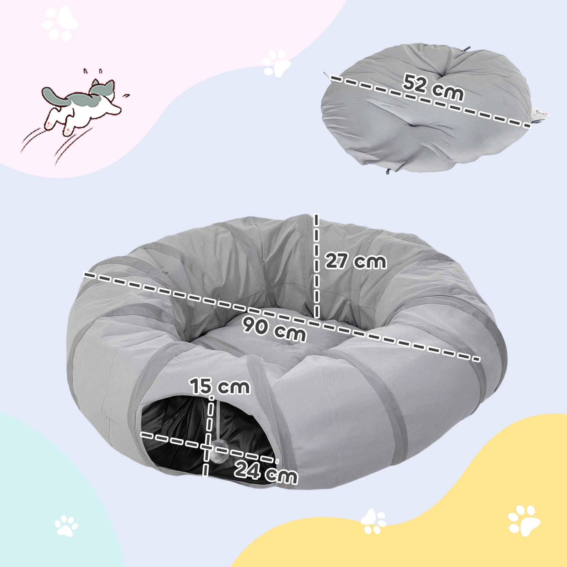 PawHut 2 in 1 Cat Tunnel with Bed, Cat Play Tunnel for Indoor Cats, Grey by PawHaven