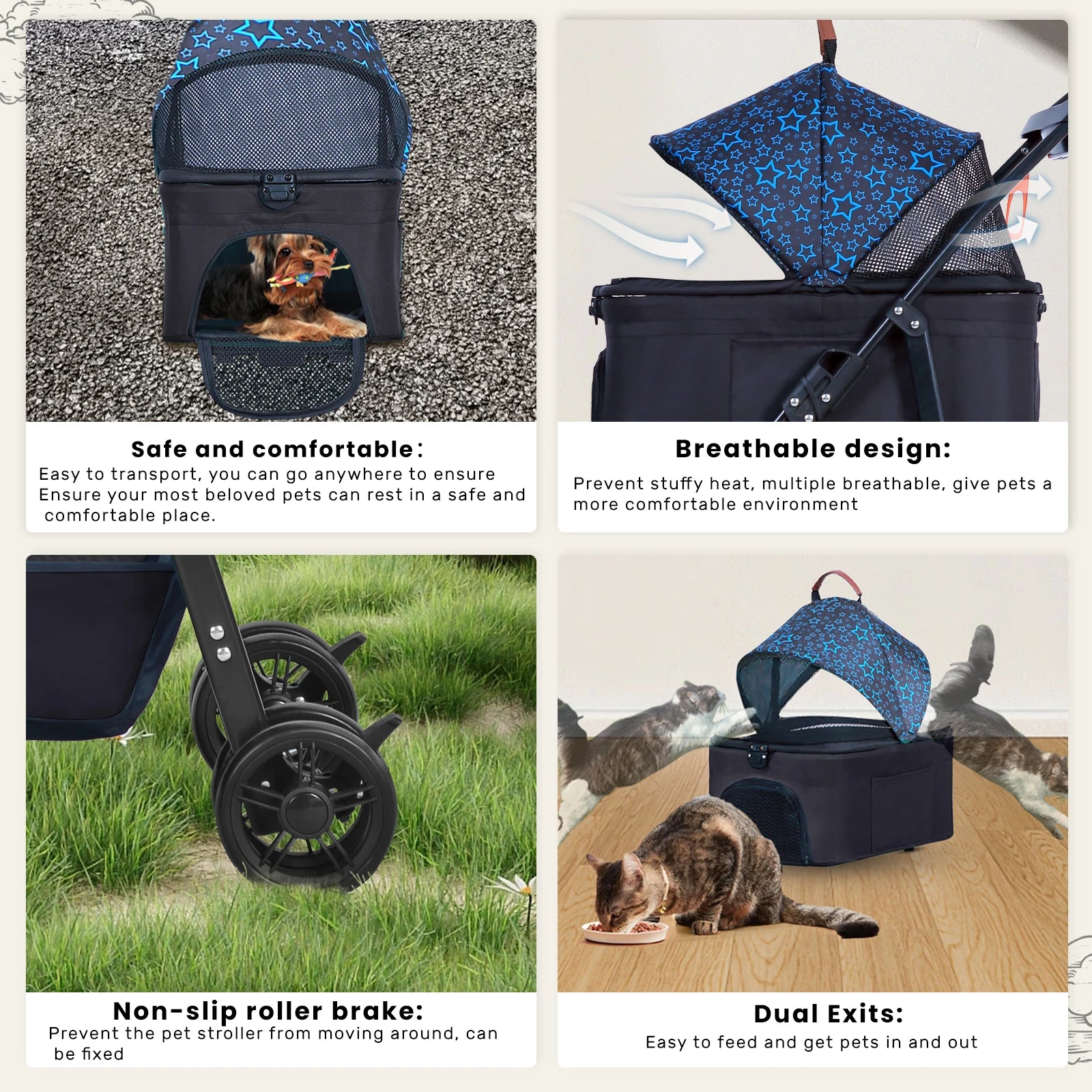 Pet Stroller for Dogs and Cats，Portable Pet Pram, Lightweight Folding Design with Safety Harness and Mesh Ventilation by PawHaven