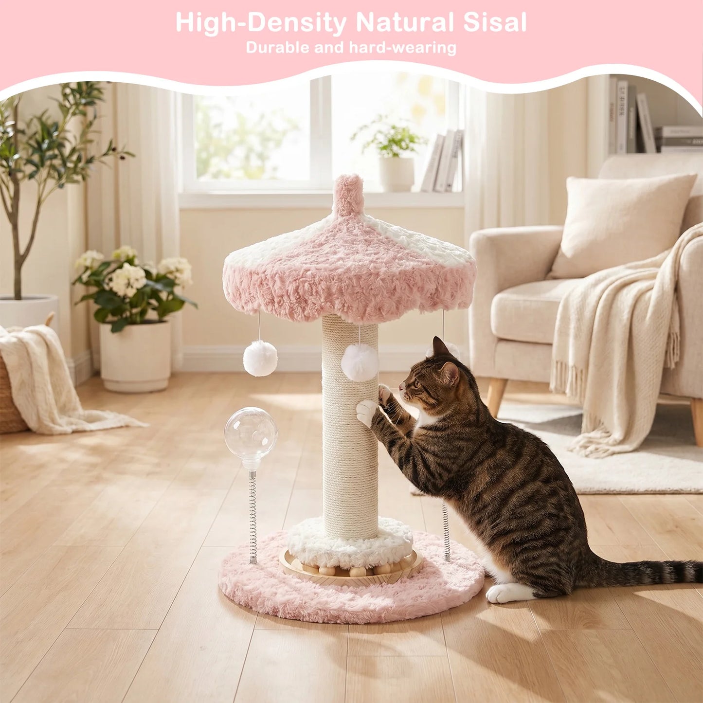 Carousel Cat Scratcher Tower 61cm Sisal Rope Scratching Post With Plush Top Interactive Climbing Toy For Indoor Kittens Cats by PawHaven