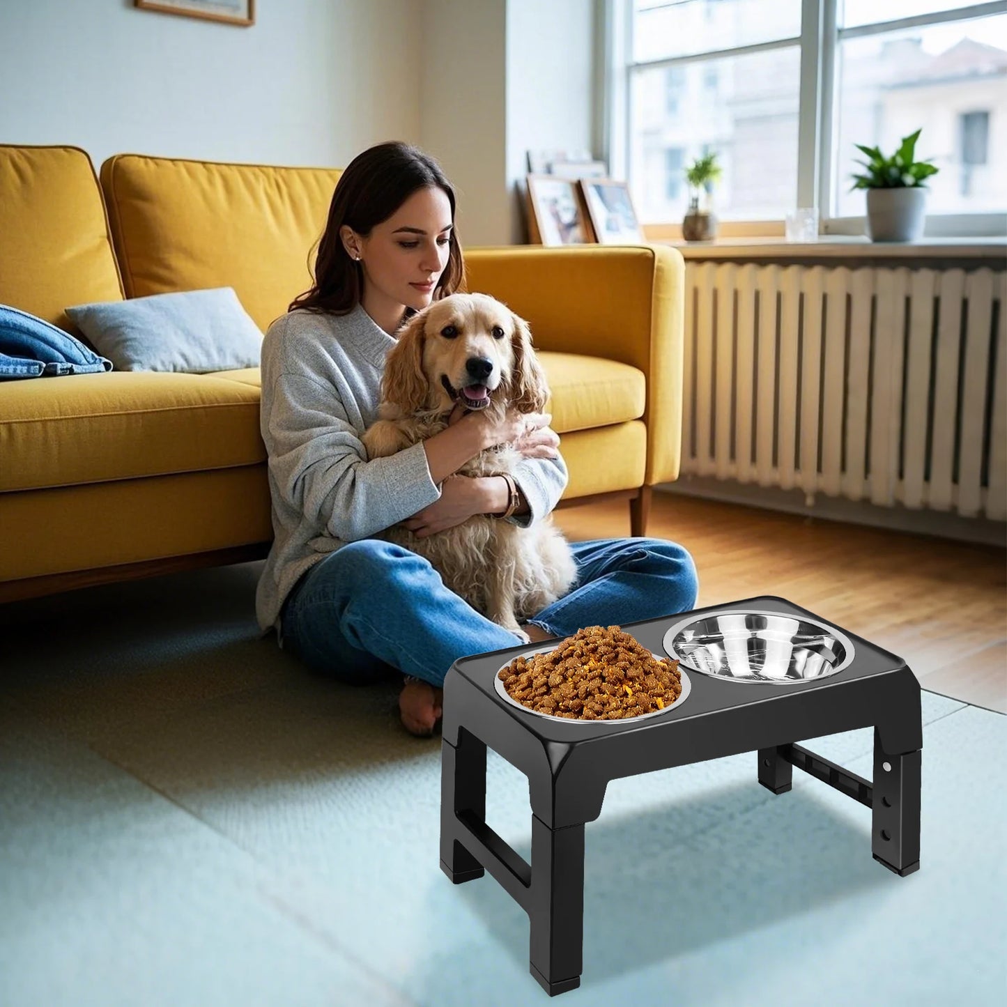 Elevated Dog Feeder Bowls Adjustable Raised Stand with Double Stainless Steel Food Water Bowls Small Medium Large Dogs by PawHaven