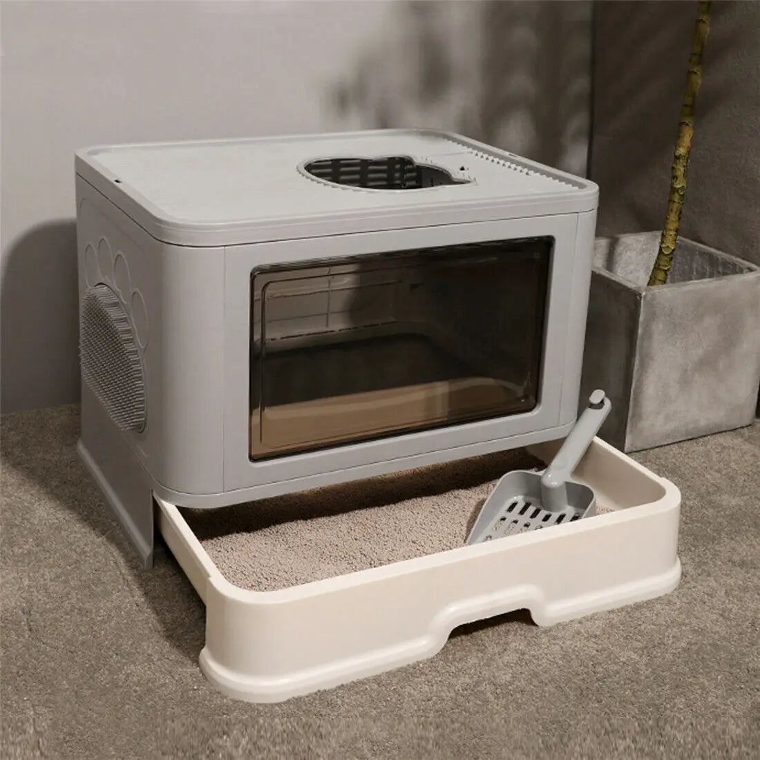 Foldable Cat Litter Box Front Entry & Top Exit Toilet Boxes with Scoop Enclosed Kitty Toilet Tray Pan by PawHaven