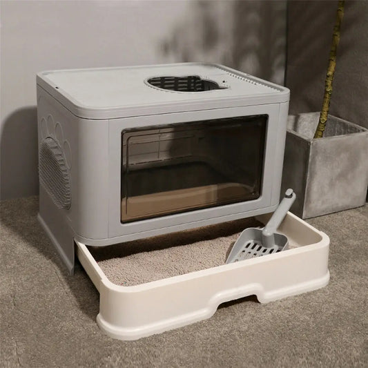 Foldable Cat Litter Box Front Entry & Top Exit Toilet Boxes with Scoop Enclosed Kitty Toilet Tray Pan by PawHaven