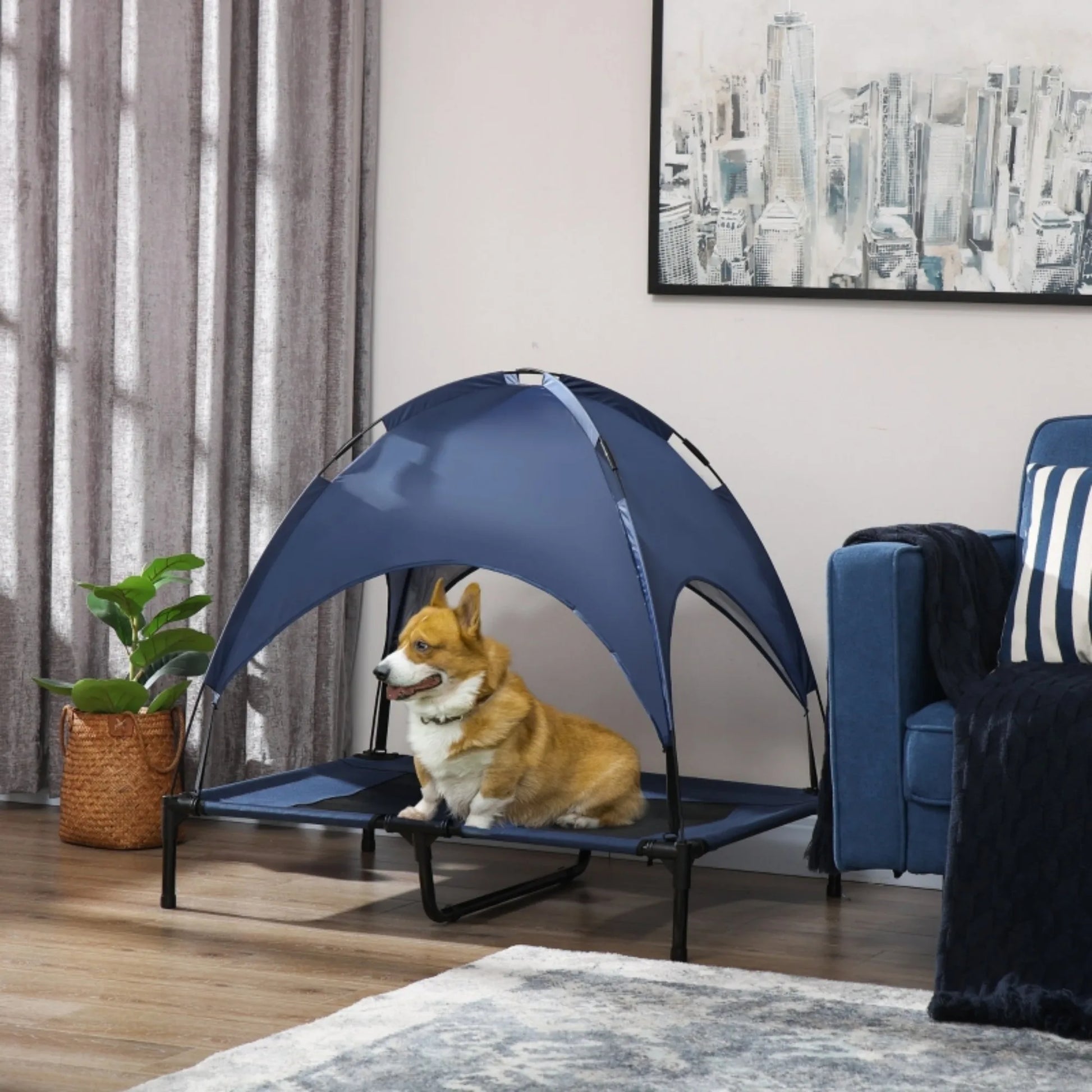 Raised Dog Bed Waterproof Elevated Pet Cot with Breathable Mesh UV Protection Canopy Blue, for Large Dogs, 92 x 76 x 90cm by PawHaven