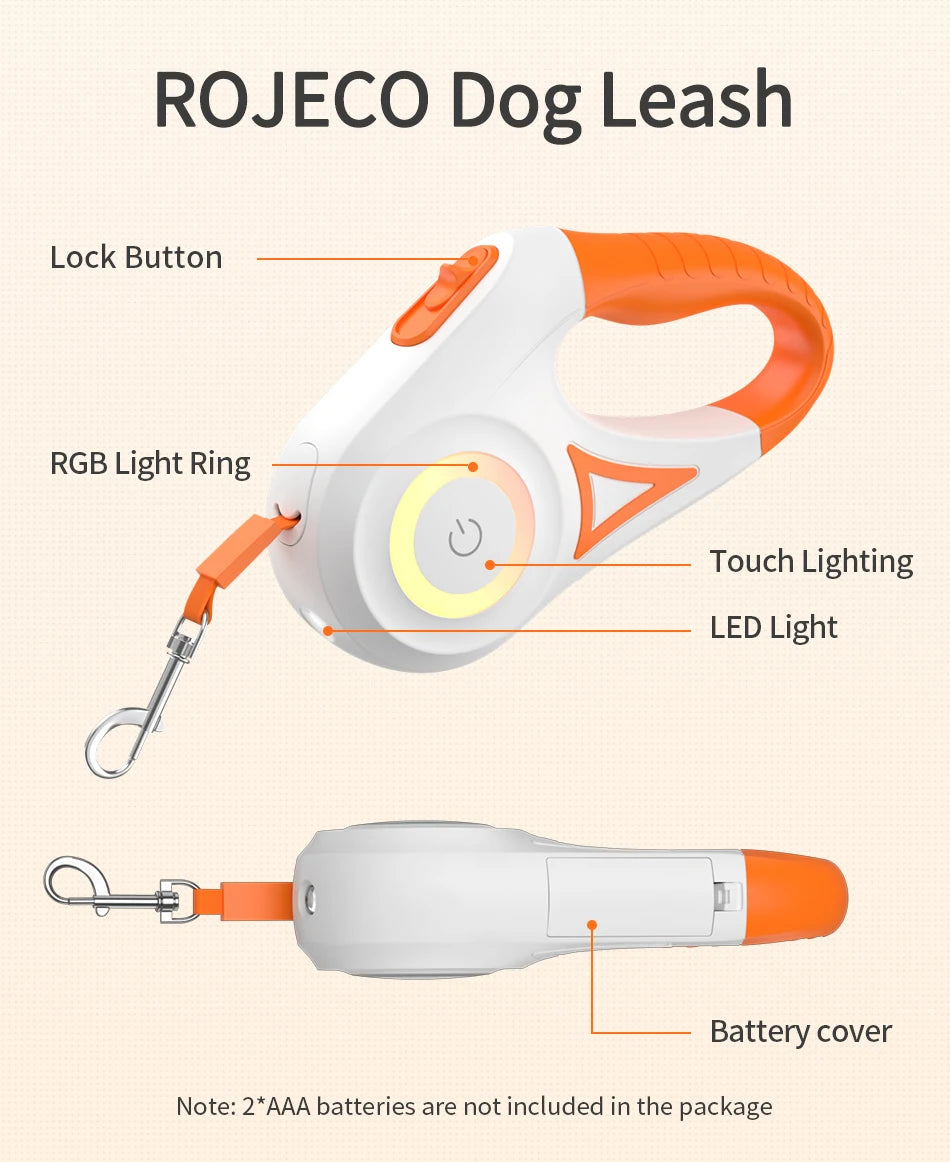 ROJECO 5m LED Retractable Dog Leash for Night Walks by PawHaven